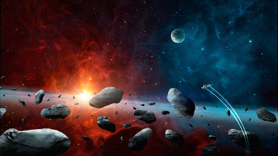 空间背景。宇宙飞船在小行星上飞到行星上有彩色的星云和恒星
