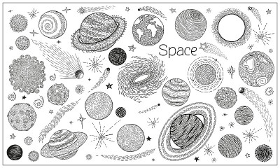 空间涂鸦集。手绘太空行星。