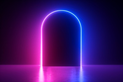 3d渲染，抽象霓虹背景，极简主义，粉红紫罗兰拱门在黑暗中发光，空白空间，紫外线灯，80年代复古风格，