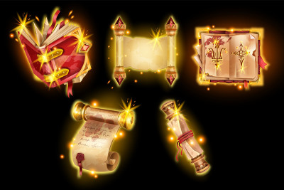 旧的羊皮纸矢量魔法插图，游戏纸莎草卷轴纸，魔法咒语书，辉光UI设置。