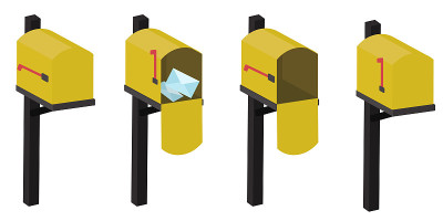 A set of mailboxes with a closed door, a raised fl