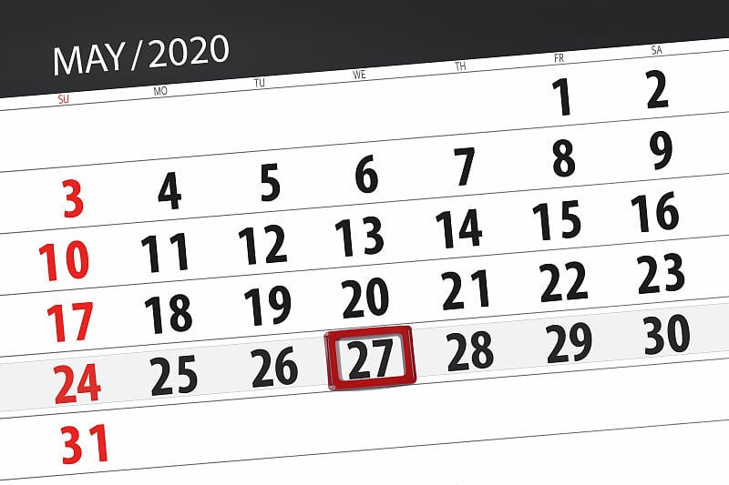 日历计划2020年5月，截止日期27日，周三