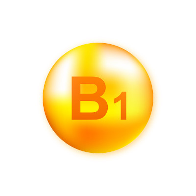 Vitamin B1 with realistic drop on gray background.