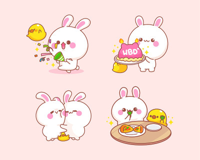 一套庆祝兔子与鸭子卡通插图