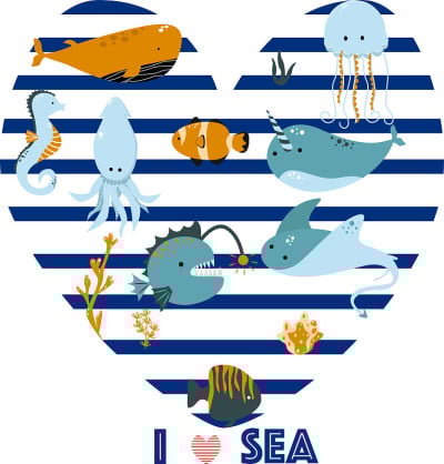 poster with sea animals love sea- vector illustrat