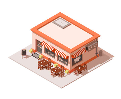 向量等距咖啡店或咖啡厅建筑外部。咖啡馆的图标