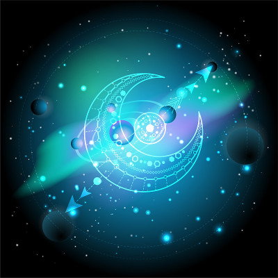 矢量插图的神圣或神秘符号与行星和恒星的空间背景。