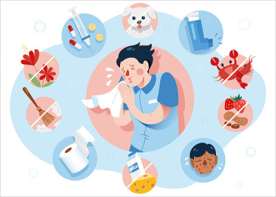 过敏概念的危险因素和症状。平面向量符号。