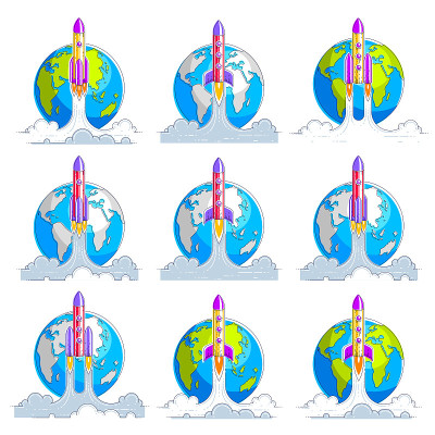 火箭在地球上空发射，进入未知的太空。探索宇宙，叹为观止的空间科学。细线3d矢量插图设置在白色孤立。