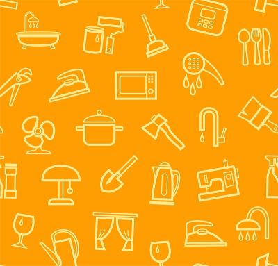 家居用品及电器，图案无缝，色彩橙黄。
