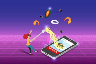 元宇宙技术在人们生活方式中的虚拟现实环境中的饮食。女人戴着VR眼镜享受3D体验她的面条面条在智能手机