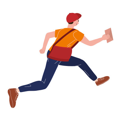 Postman running with bag delivering letter in enve