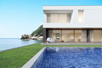 3d渲染的现代豪华住宅与游泳池的海洋背景。