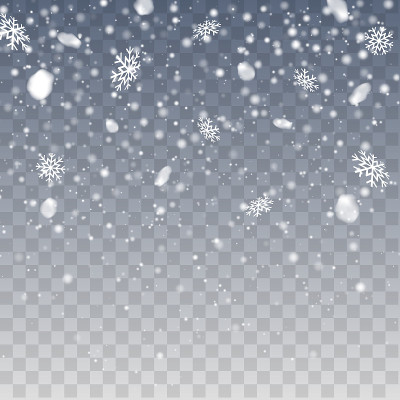 冬季降雪。现实的雪花。矢量大雪，雪花形状各异