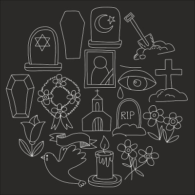 葬礼上细线图标。一套葬礼对象涂鸦向量图标RIP