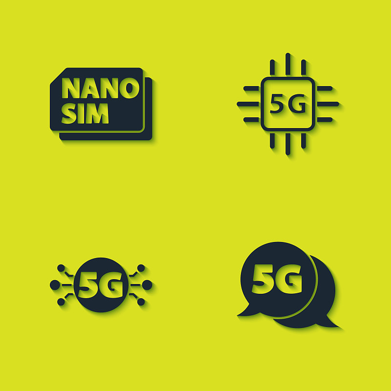 设置Nano Sim卡、5G网络和处理器图标。向量