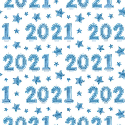 无缝模式与蓝色2021年数字庆祝新年。美丽的背景包装纸，贺卡，日历，横幅。手绘水彩图形，孤立的剪贴画