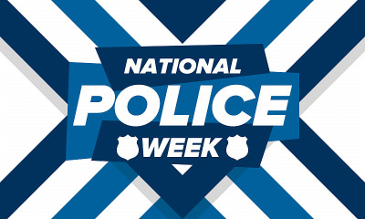 国家警察周。每年在美国庆祝。向警察英雄致敬。警徽和爱国主义元素。军官阵亡将士纪念日。海报、卡片,横幅