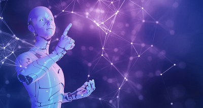 人工智能3D机器人手指指向未来网络空间元宇宙背景，数字世界技术