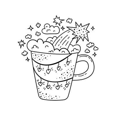 绘有星星和云彩的魔法杯。卡通插图。