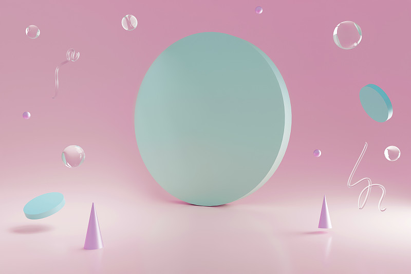 3D霓虹玻璃几何形状盘旋在房间的角落。这个讲台很适合做模型