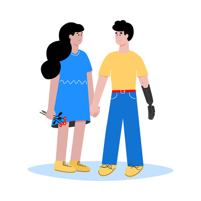 女人和残疾人的爱情关系，平面矢量插图孤立。