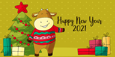 2021年新年快乐儿童插图。中国新年2021年是牛年