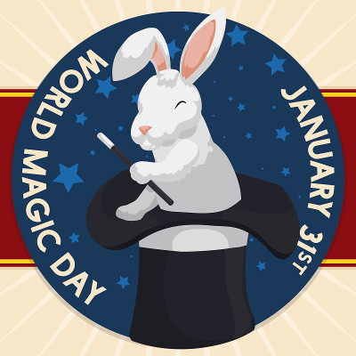 世界魔法日，帽子上戴着魔杖的兔子