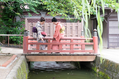 两个日本女人在浴田的一座桥上