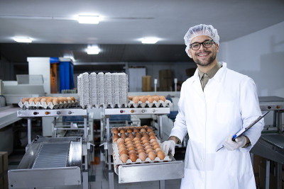 食品加工厂的工人戴着发网和卫生手套站在工业运输和包装鸡蛋的机器旁。