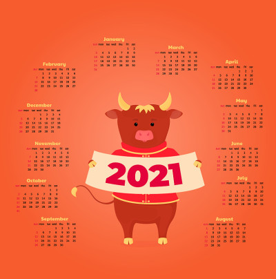 2021年的日历从周日到周六。有趣的卡通牛。中国新年快乐。牛,牛。月亮星座的迹象。