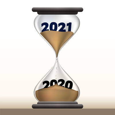 从2020年到2021年的过渡概念，以沙漏为象征的倒计时。