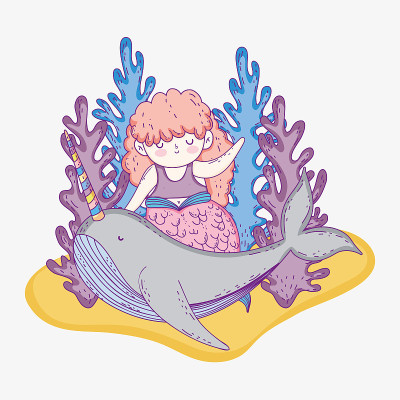 带着海藻和独角鲸的美人鱼