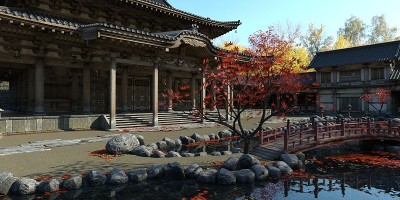 古老的日本宫殿在秋季3d插图