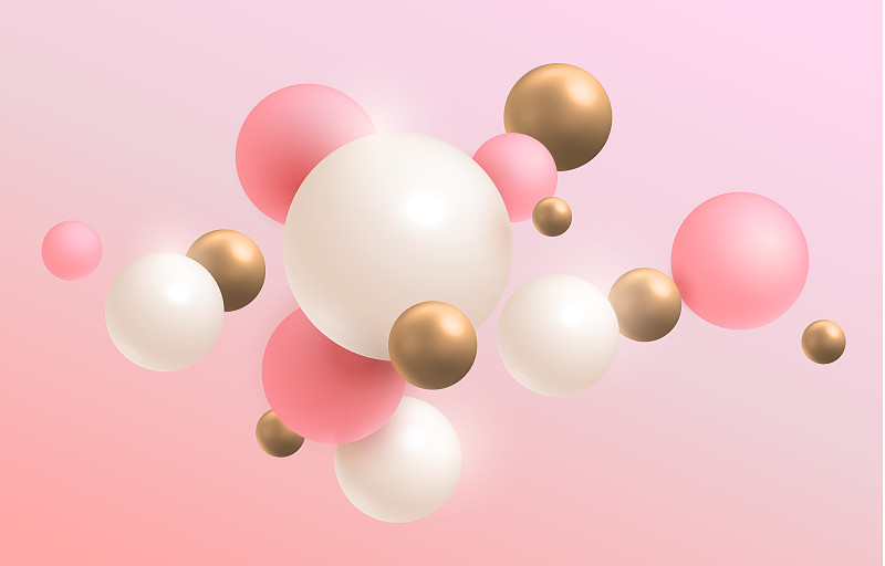 Gold, pink and white 3D balls. Vector illustration