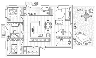 房子的建筑平面图，俯视图。公寓平面布局及图纸上的家具。有厨房和卫生间，客厅和卧室。房屋矢量设计图设计