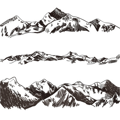 矢量集合的草图山和丘陵，手绘插图。