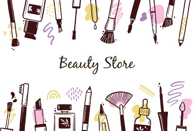 Hand drawn template with makeup beauty cosmetic