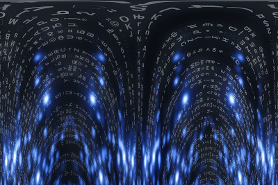蓝色矩阵数字背景。扭曲的网络空间的概念。人物倒了。来自符号流的矩阵。虚拟现实设计。复杂的算法数据黑客