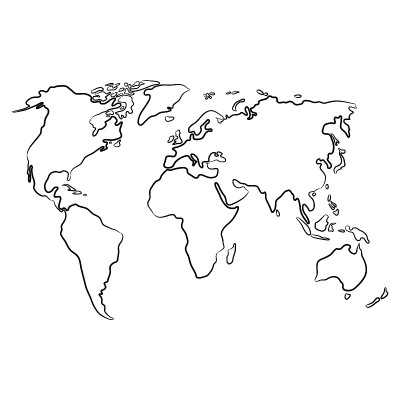 世界地图从等高线黑色笔刷不同粗细的白色背景。矢量插图。