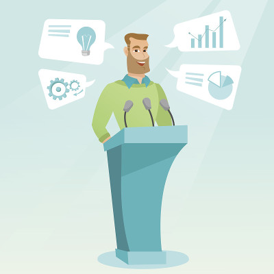 Businessman giving speech at business seminar