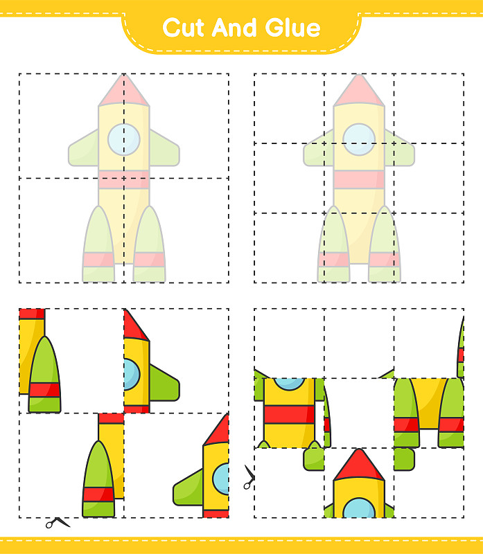 切割和粘合，切割火箭的部分并粘合它们。教育儿童游戏，可打印的工作表，矢量插图