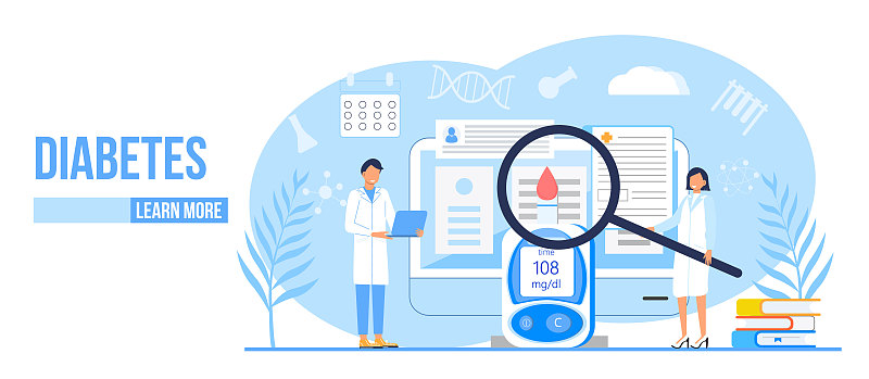 糖尿病、2型糖尿病与胰岛素生产概念载体。登陆页面有放大镜和血糖检测仪，小医生治疗病人。Glucome