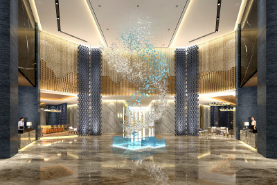 3 d渲染。现代豪华酒店接待室内场景。