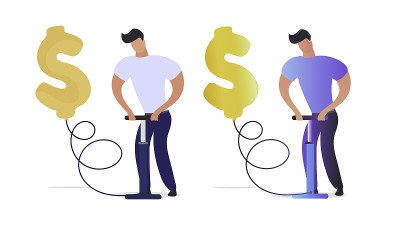 Businessman inflating a dollar ball with a hand pu