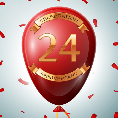 Realistic Red balloon and gold ribbon, confetti wi