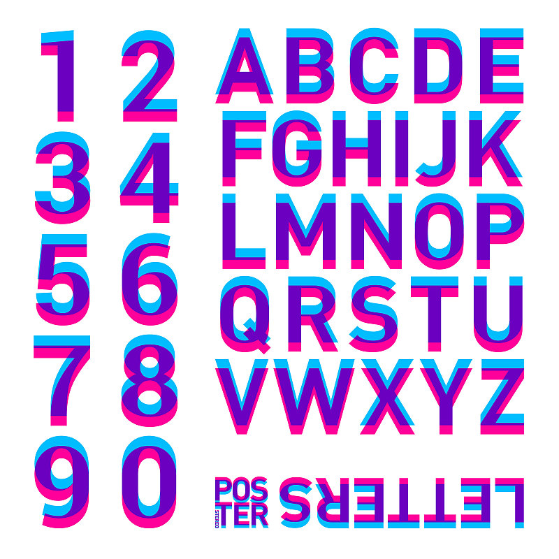 立体声字母表。立体的字母和数字。字母由透明双字母组成。海报的信件。