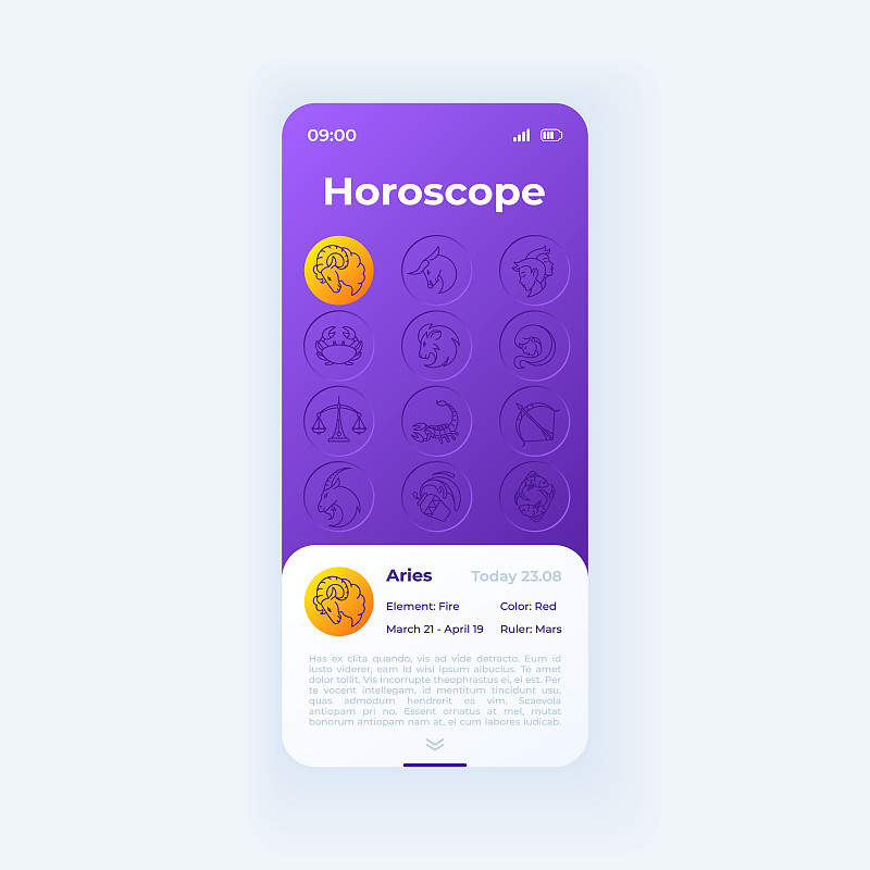 每日星座app智能手机界面矢量模板