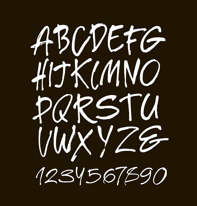 矢量丙烯酸笔刷风格手绘字母字体。黑色背景上的书法字母和数字