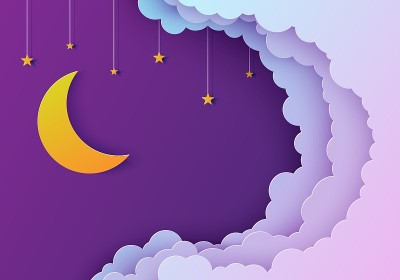 剪纸风格的夜空。剪出3d背景与紫色和蓝色渐变云雾景观与星星和月亮剪纸艺术。可爱的折纸云。向量卡为祝愿